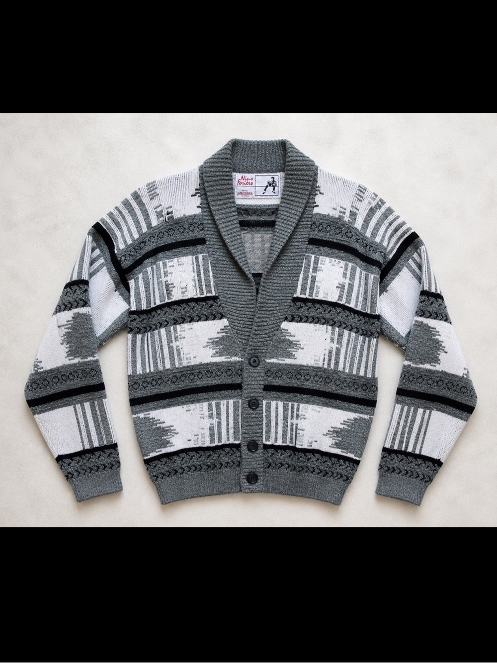 Vintage 90s Nino Farina Cardigan Shawl Collar Knit Aztec Pattern Gray Size M/L